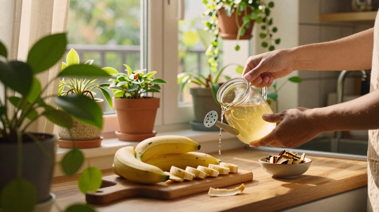 Pessoa regando plantas em vaso na cozinha ao lado de mesa com banana fatiada e jarro com água.