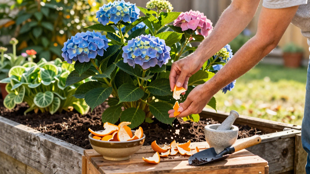 Pessoa usando cascas de laranja como fertilizante em jardim com plantas de hortênsia coloridas.