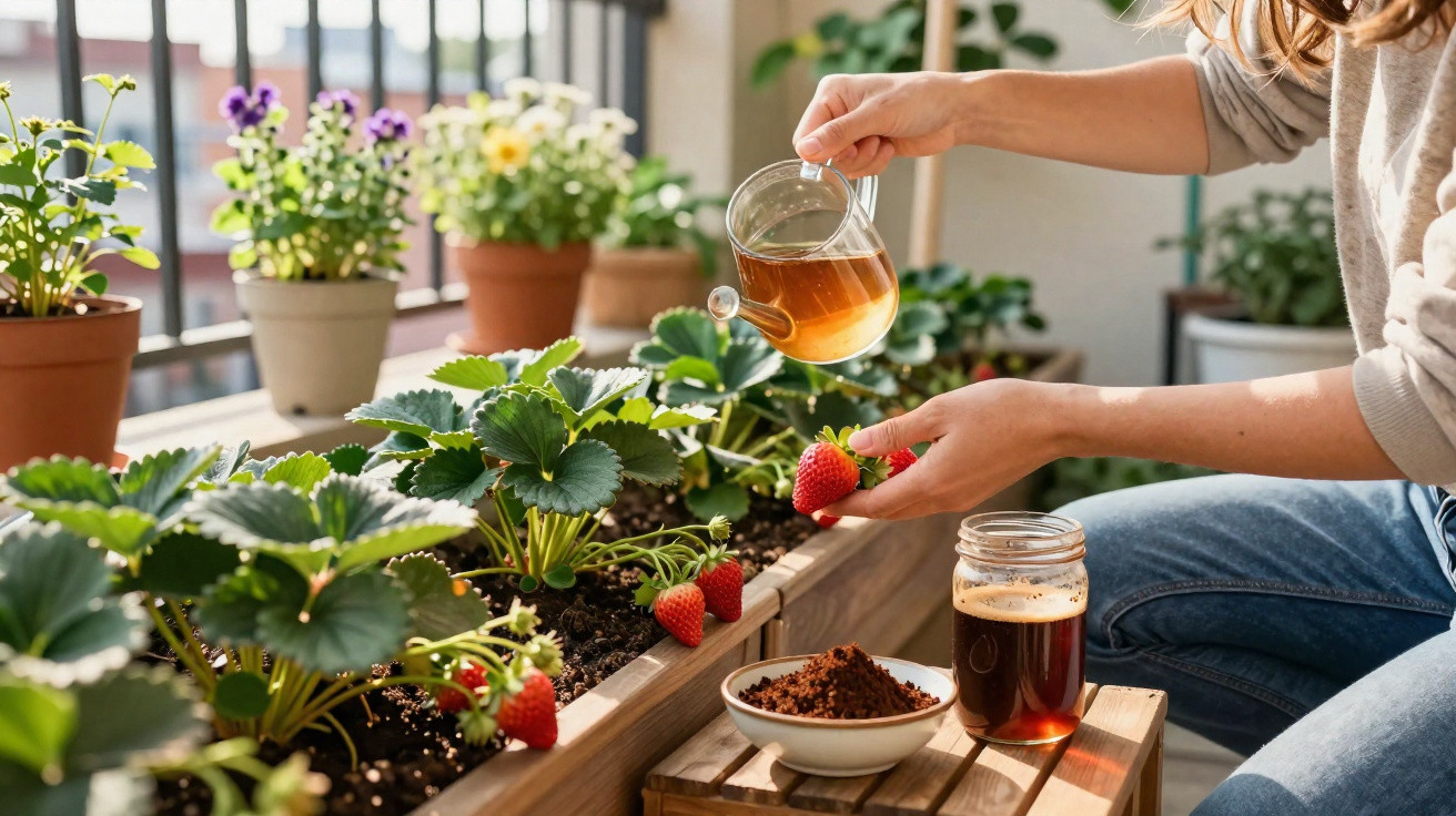 Pessoa regando plantas de morango em vaso com flores ao fundo em varanda ensolarada.
