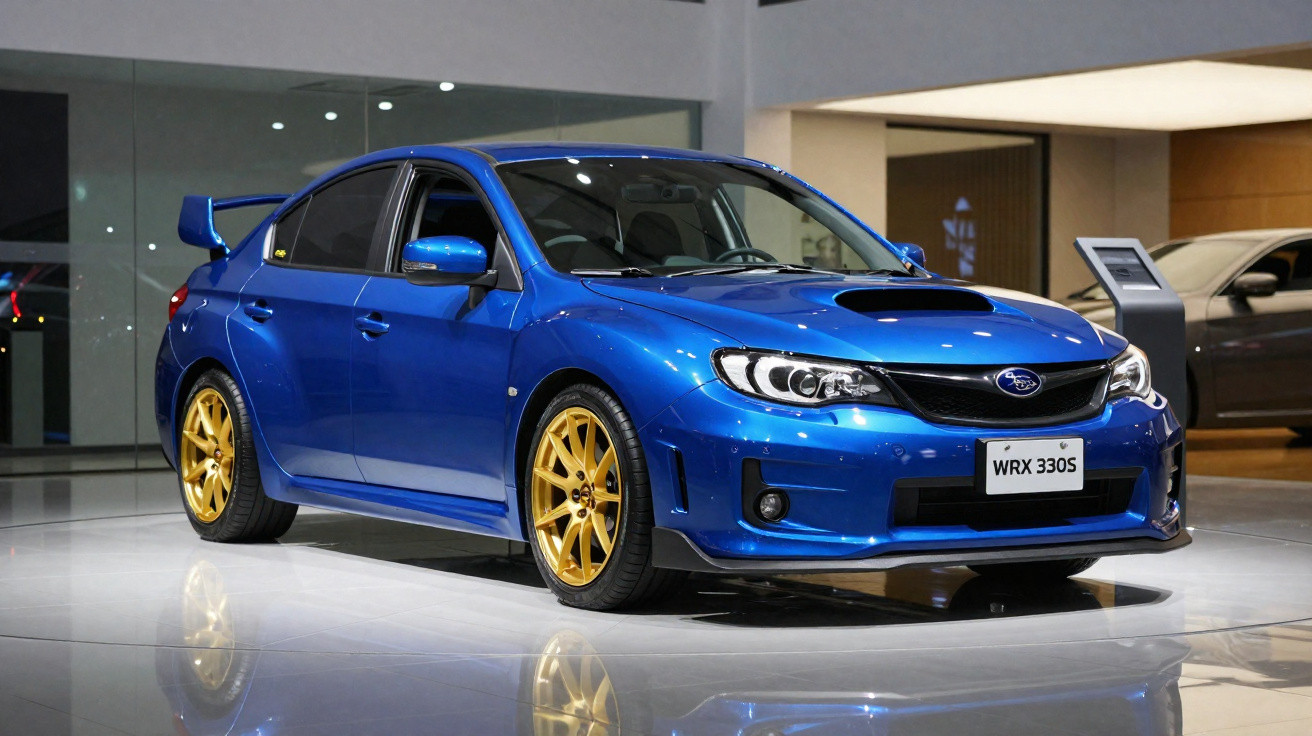 Carro esportivo Subaru WRX 330S azul com rodas douradas em exposição interna brilhante.