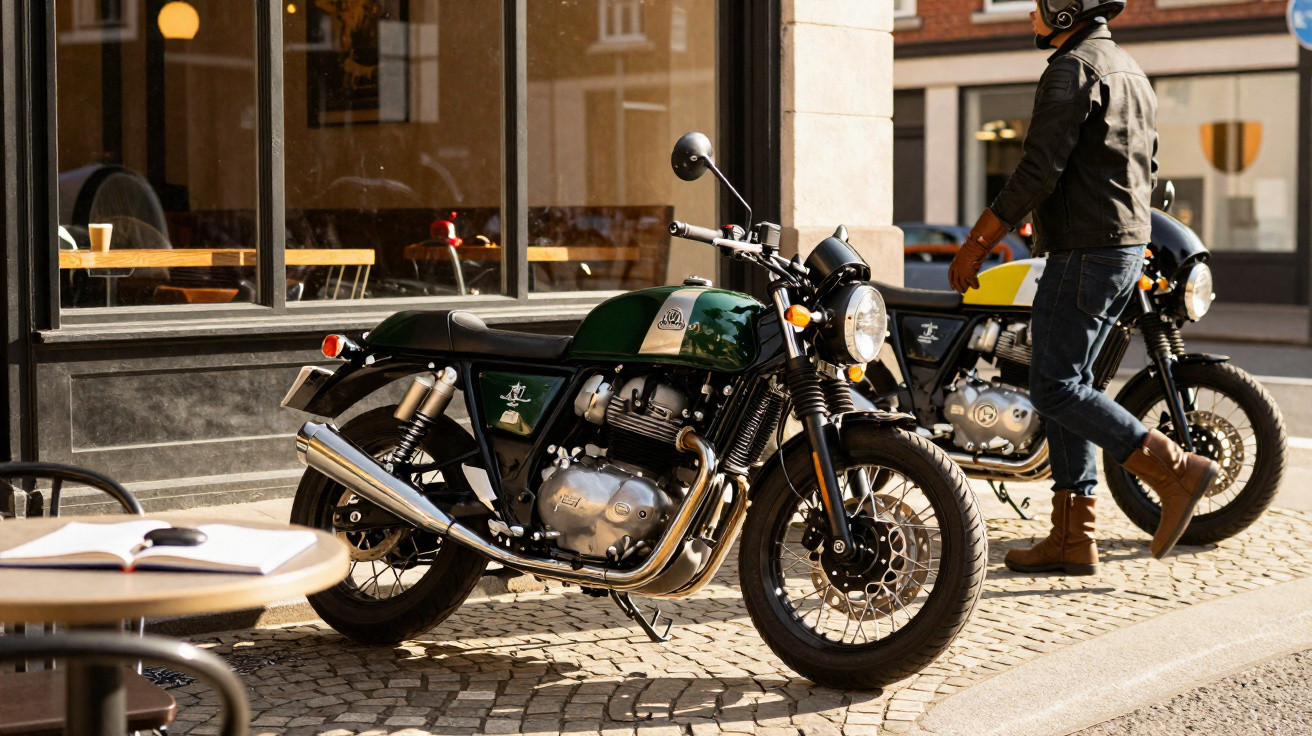 Motocicleta verde estacionada em calçada de rua com homem de capacete ao lado e mesa de café próxima.