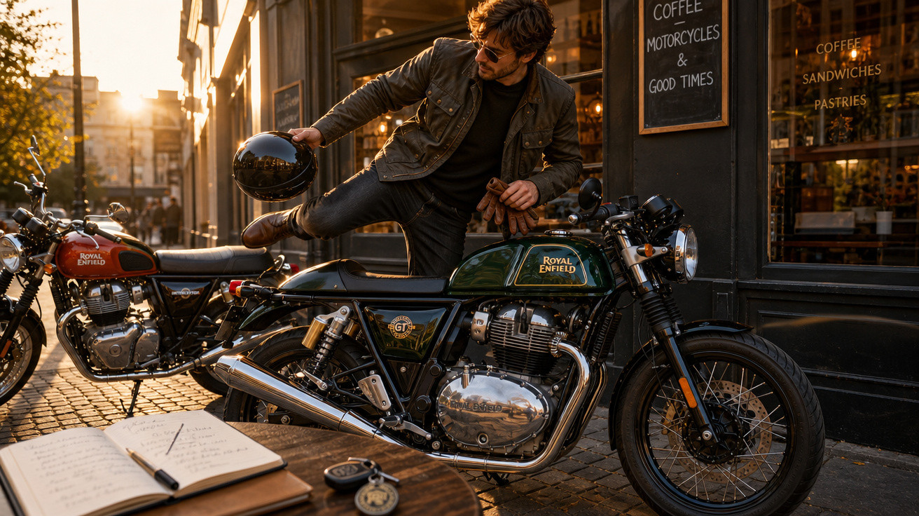 Homem com jaqueta marrom ajusta capacete ao lado de motocicleta Royal Enfield estacionada em calçada ao pôr do sol.