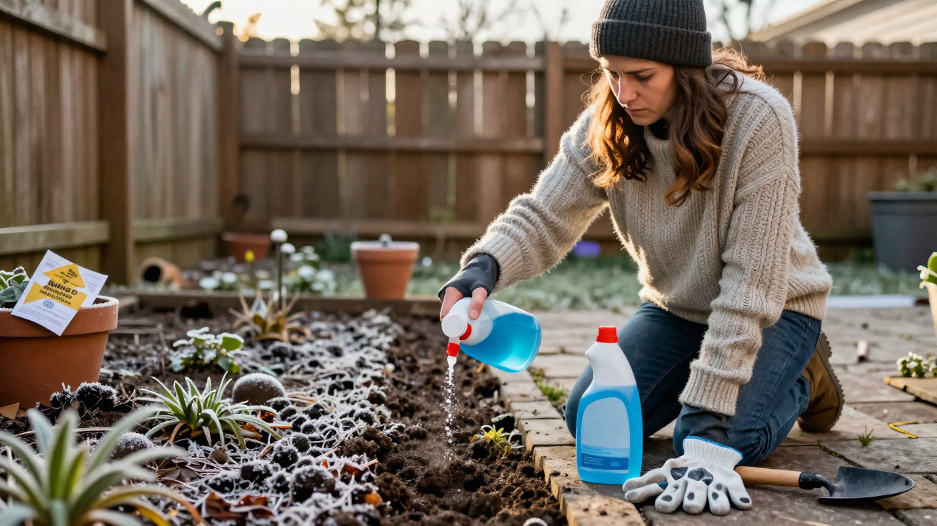 Mulher com suéter e touca aplicando fertilizante em canteiro de jardim em dia frio.