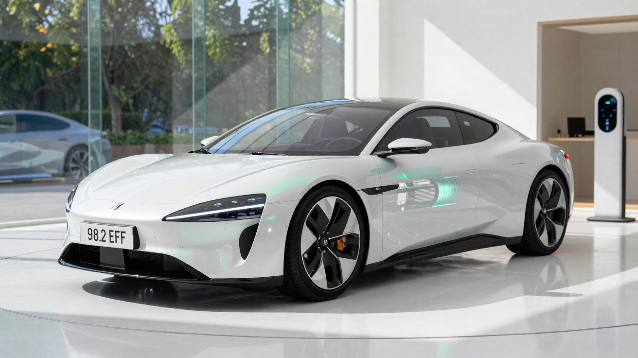 Carro elétrico esportivo branco estacionado em ambiente moderno com painel de carregamento ao fundo.