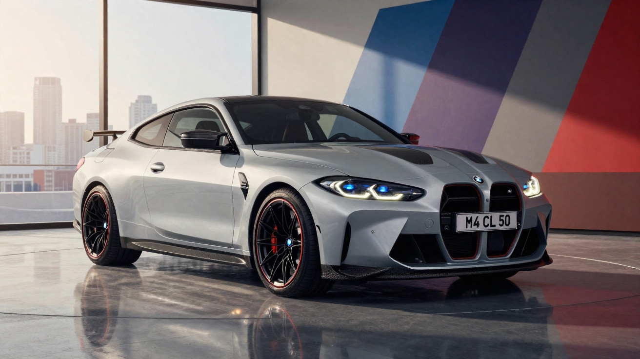 Carro esportivo cinza BMW M4 estacionado em ambiente interno com fundo colorido e janelas grandes.