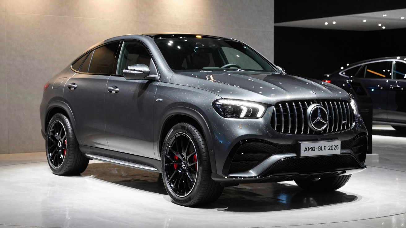 Mercedes-Benz AMG GLE 2025 cinza metálico exibido em ambiente interno com iluminação moderna.
