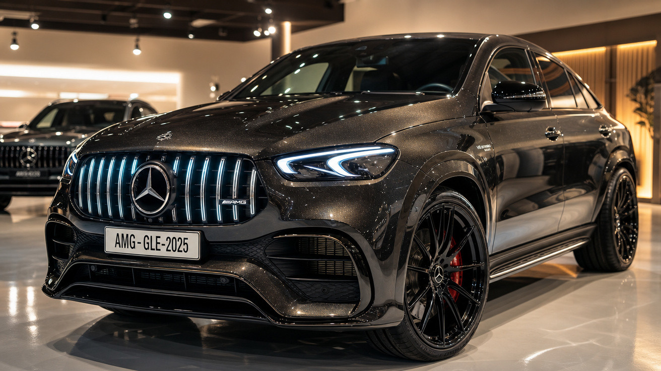 Carro Mercedes-Benz AMG GLE 2025 preto com faróis acesos em ambiente interno iluminado.