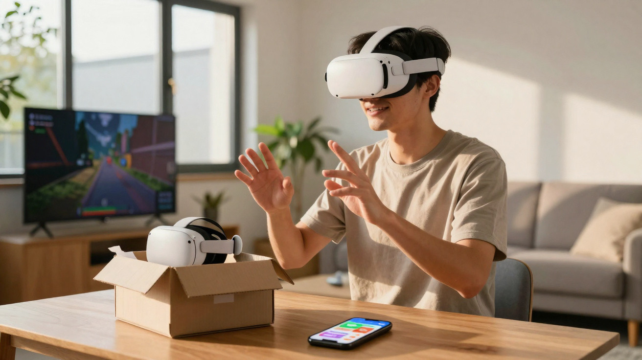 Jovem sorrindo usando óculos de realidade virtual em mesa com caixa e celular, sala iluminada ao fundo.