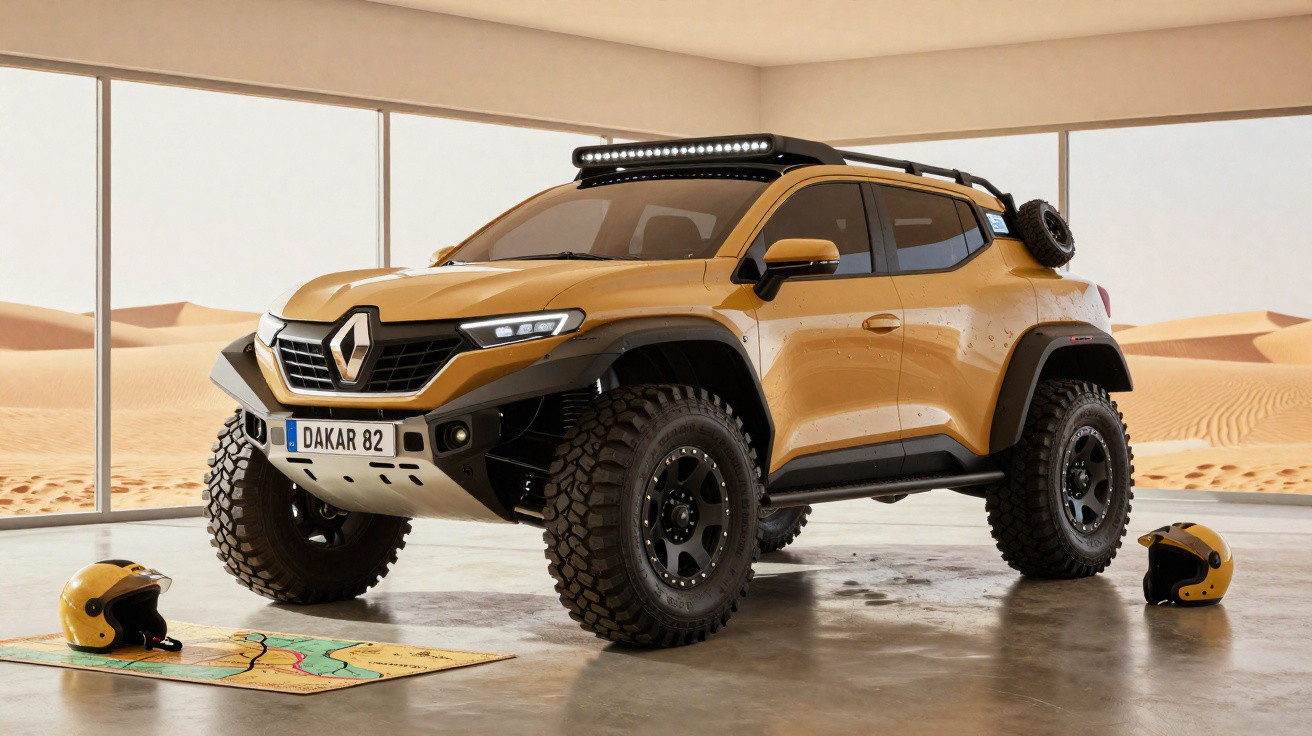 Carro off-road amarelo com pneus grandes em ambiente interno, capacetes e mapa no chão, deserto ao fundo.