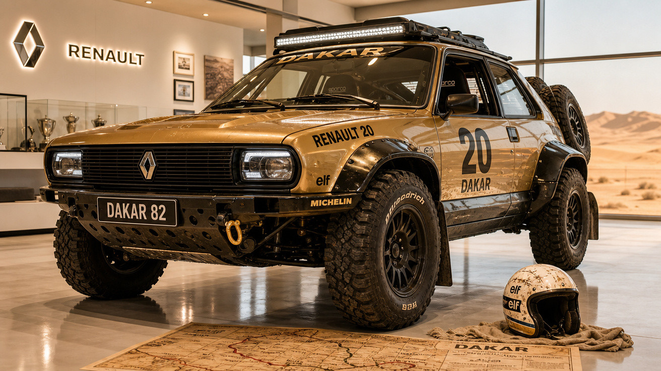 Carro de rally Renault 20 Dakar 82 exibido em museu com capacete e mapa ao lado.
