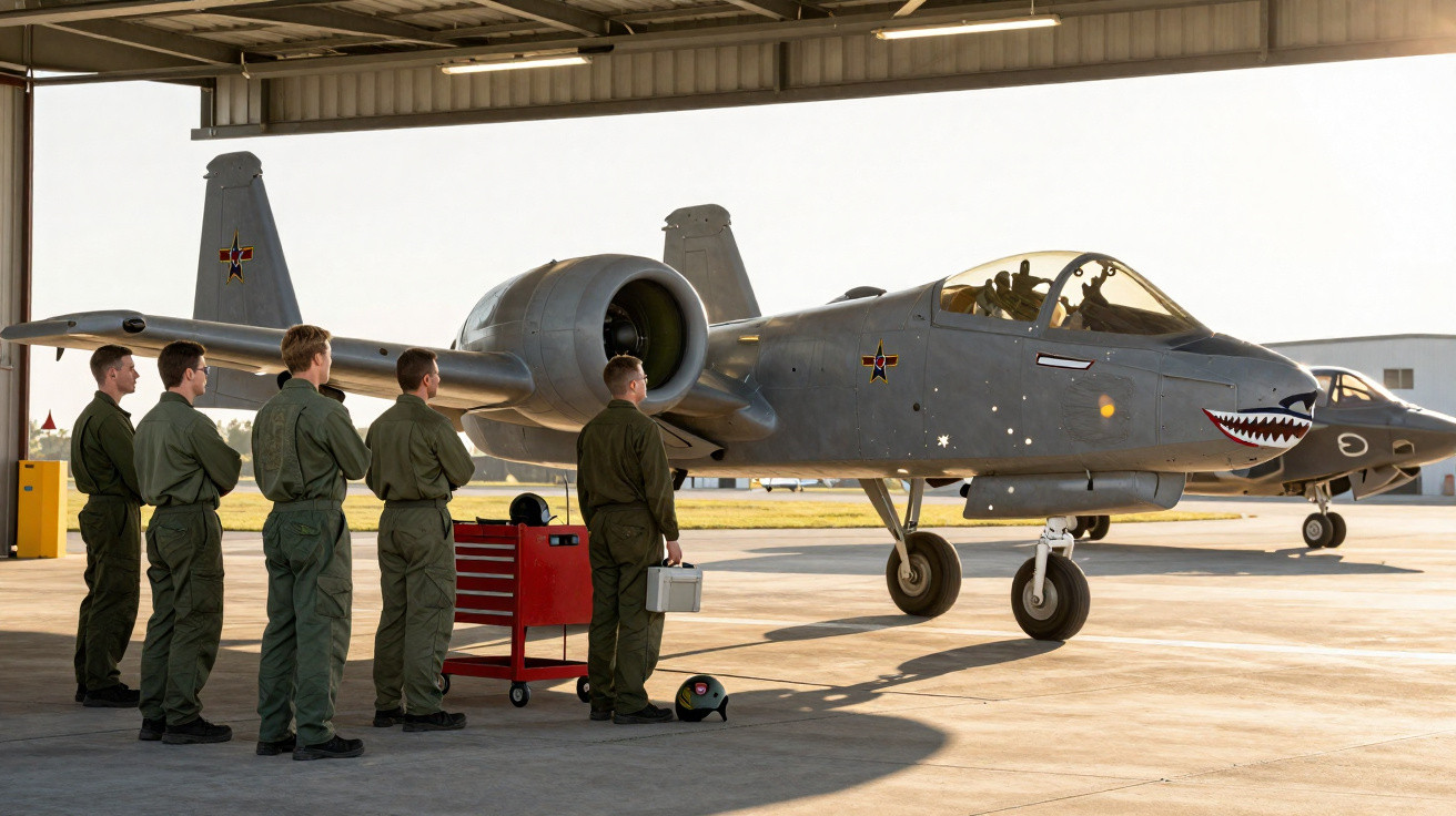 Cinco pilotos em uniforme verde observam um caça A-10 estacionado em hangar ao pôr do sol.