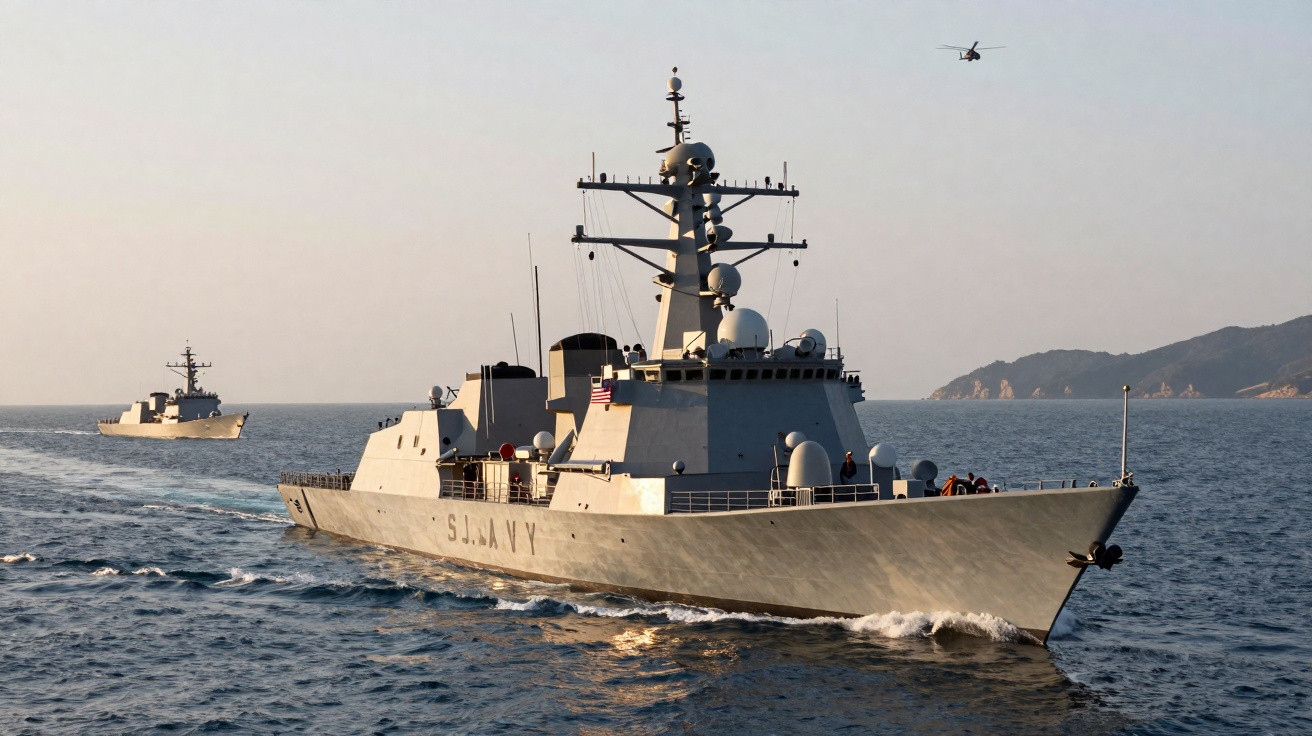 Dois navios de guerra da marinha em mar aberto com helicóptero voando ao fundo e montanhas à distância.