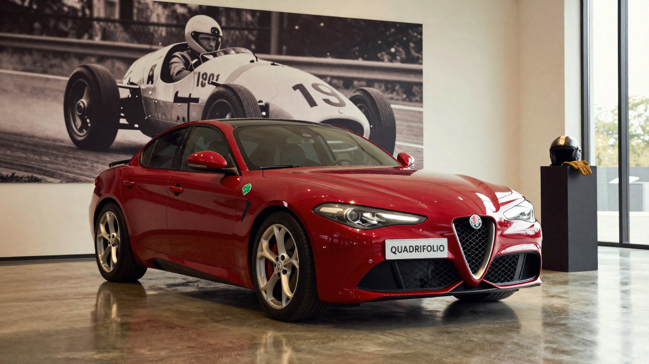 Carro esportivo vermelho Alfa Romeo Quadrifolio exposto em salão com foto antiga de corrida ao fundo.