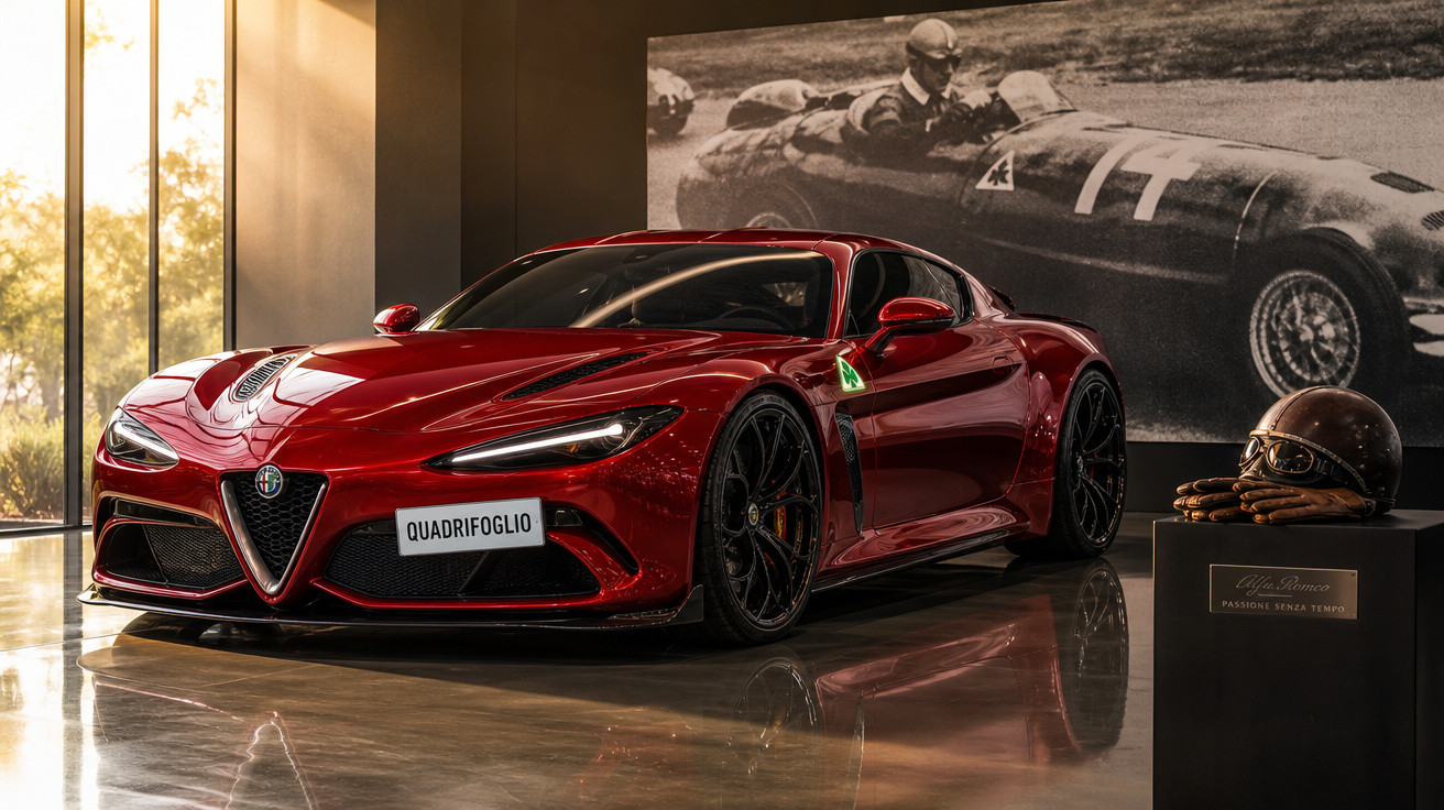 Carro esportivo vermelho Alfa Romeo Quadrifoglio em exposição com capacete vintage e fotografia de corrida ao fundo.