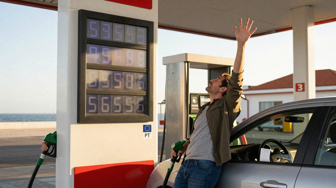 Homem surpreso com os preços altos exibidos no painel de combustível de posto de gasolina.