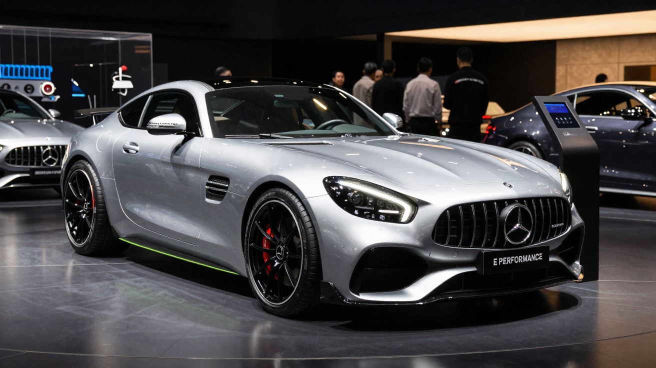 Carro esportivo Mercedes-Benz prata exibido em salão automotivo com pessoas ao fundo.