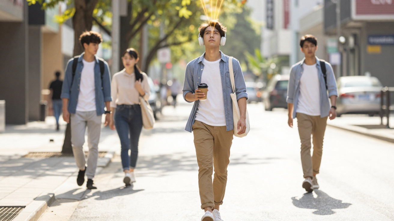 Jovem caminhando na rua ouvindo música com fones e segurando café, acompanhado por outras três pessoas ao fundo.