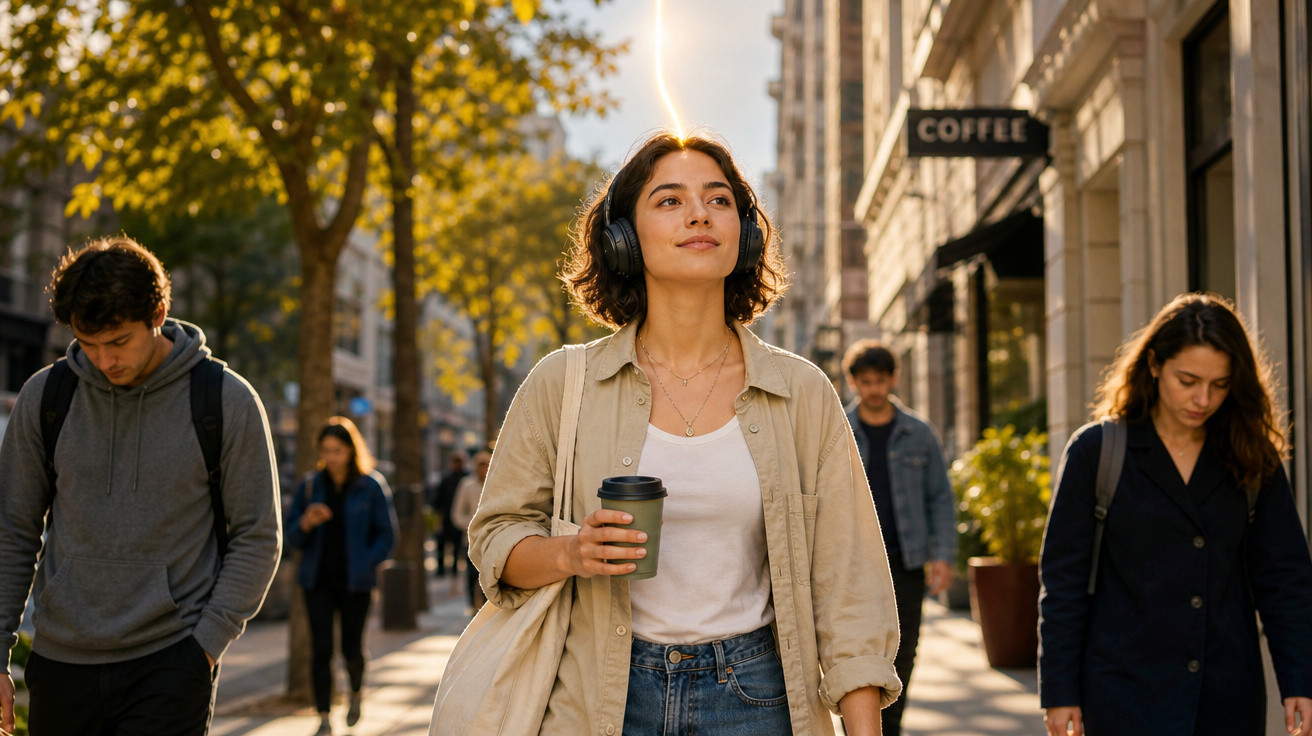 Jovem mulher caminha na rua com fones de ouvido, segurando copo de café, em dia ensolarado na cidade.