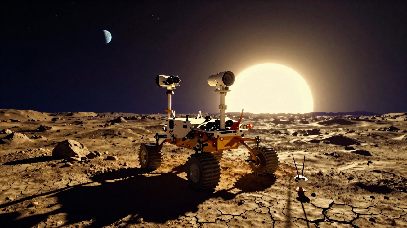 Rover explorando a superfície lunar com a Terra e o Sol ao fundo no horizonte escuro do espaço.