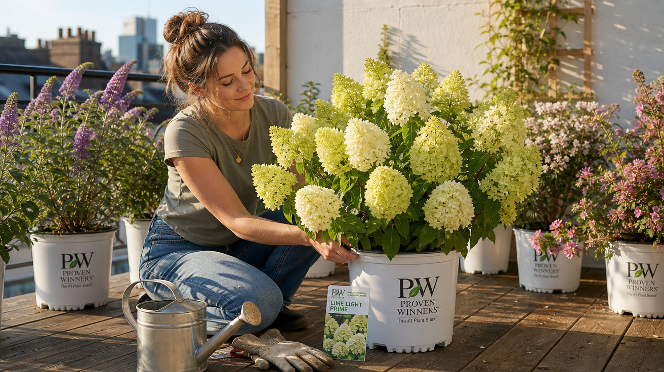 Mulher cuidando de hortênsias amarelas em vasinhos da Proven Winners em varanda ensolarada.