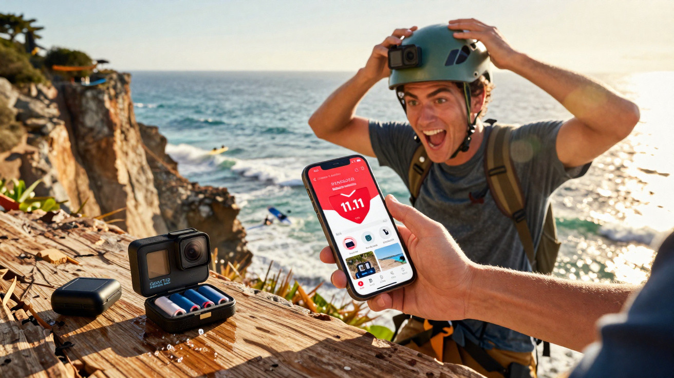 Pessoa animada com capacete ajusta câmeras de ação enquanto outra mão mostra celular com app de descontos à beira-mar.