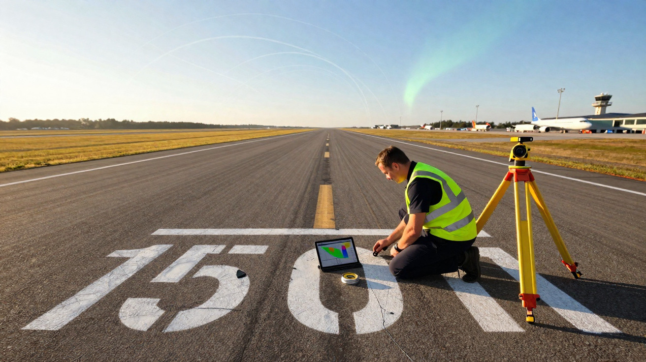 Profissional usando colete refletivo analisa dados em laptop na pista de aeroporto marcada com número 1501.