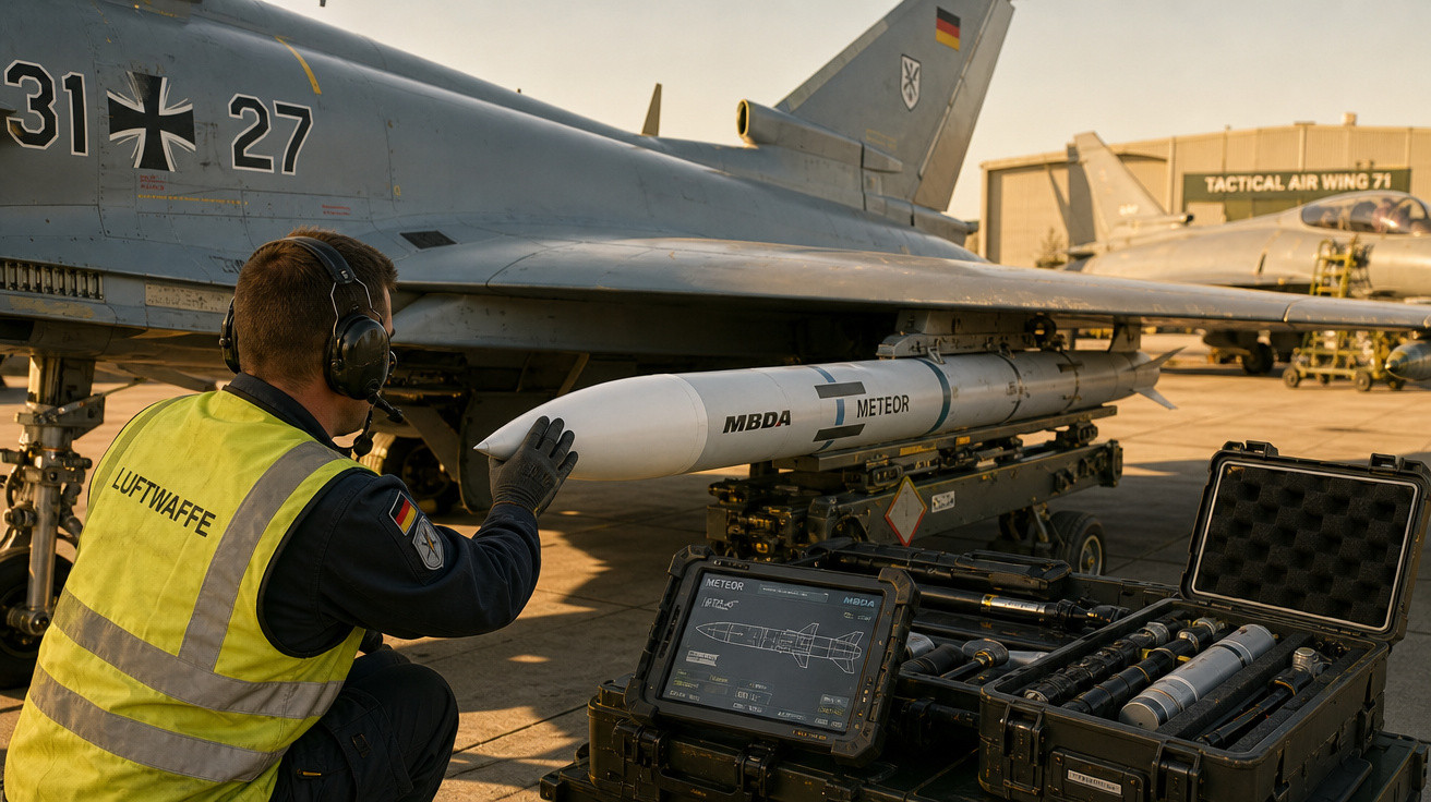 Técnico da Luftwaffe prepara míssil MBDA Meteor em avião de combate na base aérea Tactical Air Wing 71.