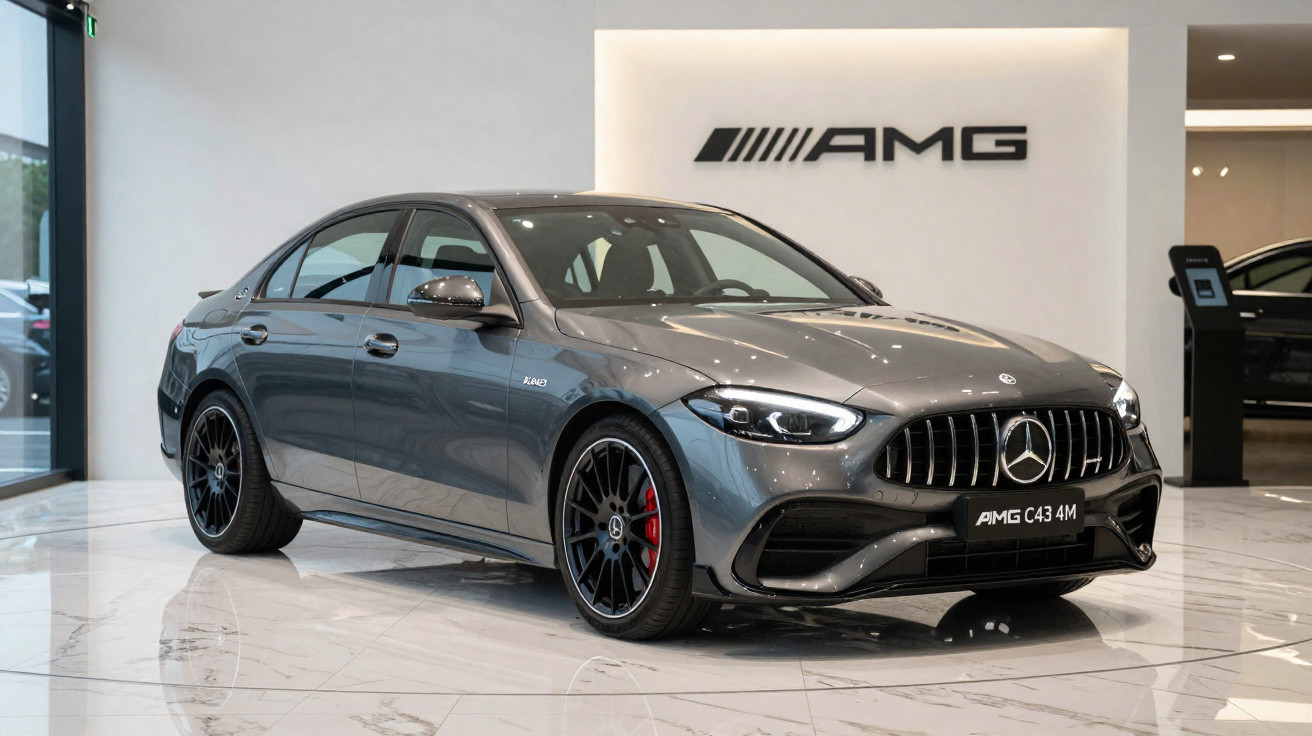 Carro Mercedes AMG C43 4M cinza metálico exposto em salão moderno com piso de mármore branco.