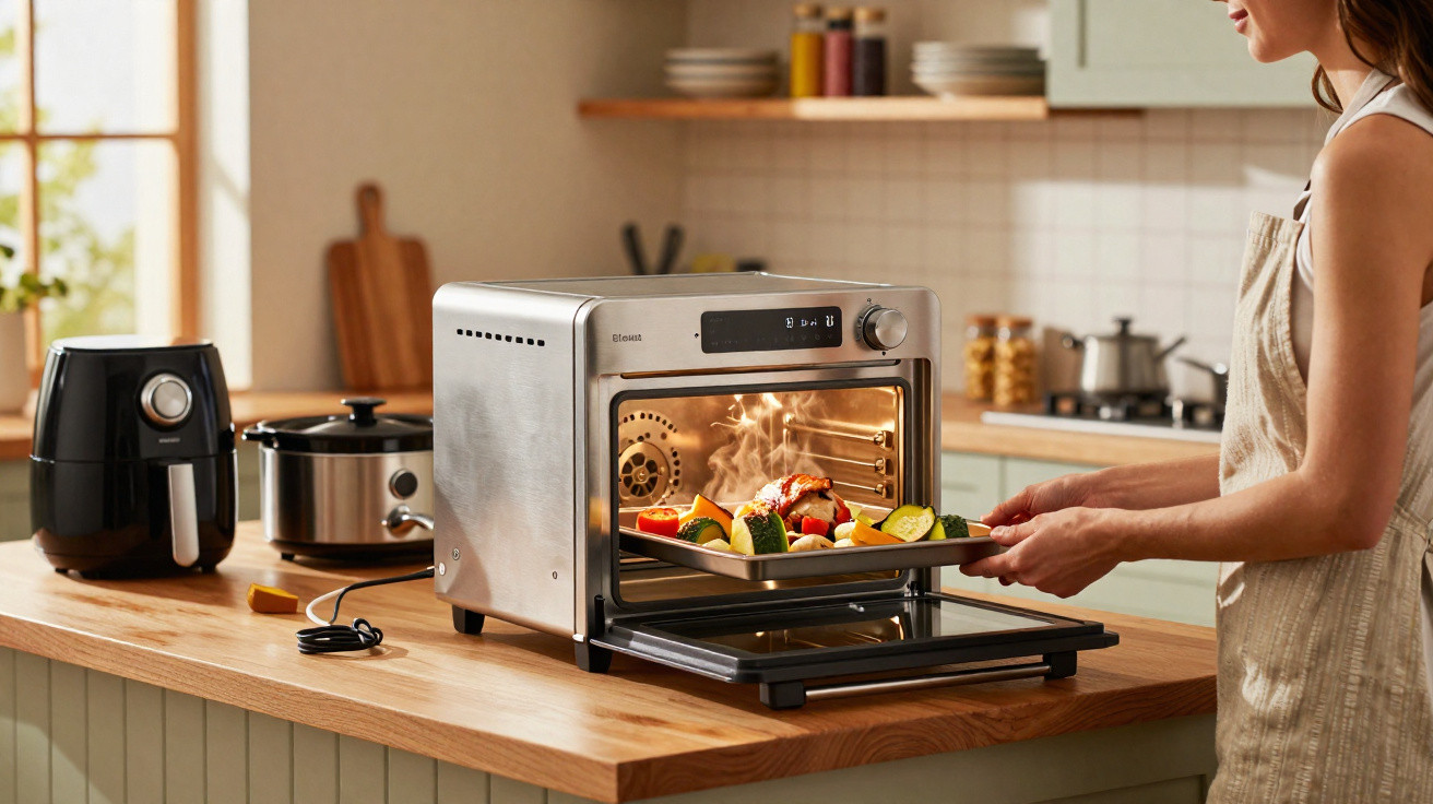 Pessoa retirando assadeira com legumes e frango assado de forno elétrico na cozinha.