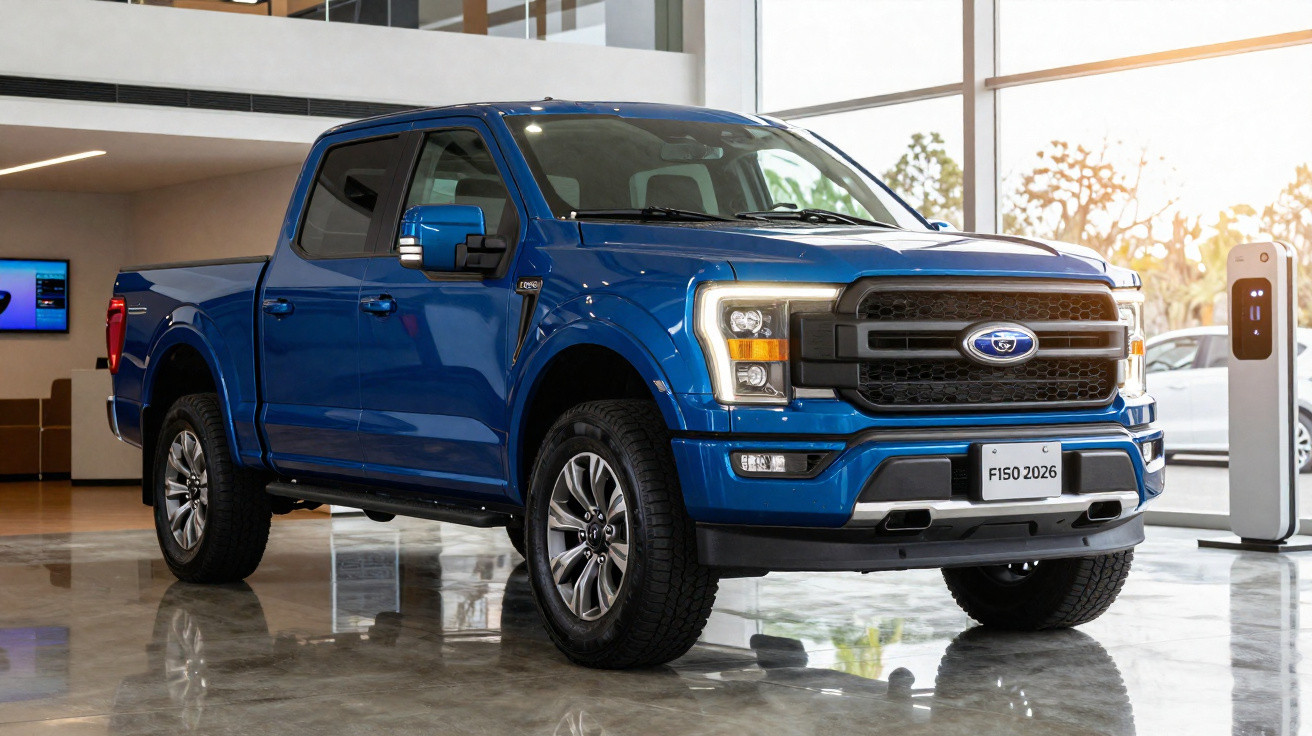 Picape Ford F-150 2026 azul em showroom moderno com carregador elétrico ao lado.