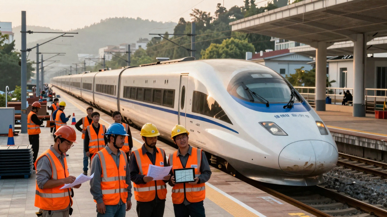 Três trabalhadores com coletes e capacetes analisam documentos em plataforma com trem de alta velocidade ao fundo.