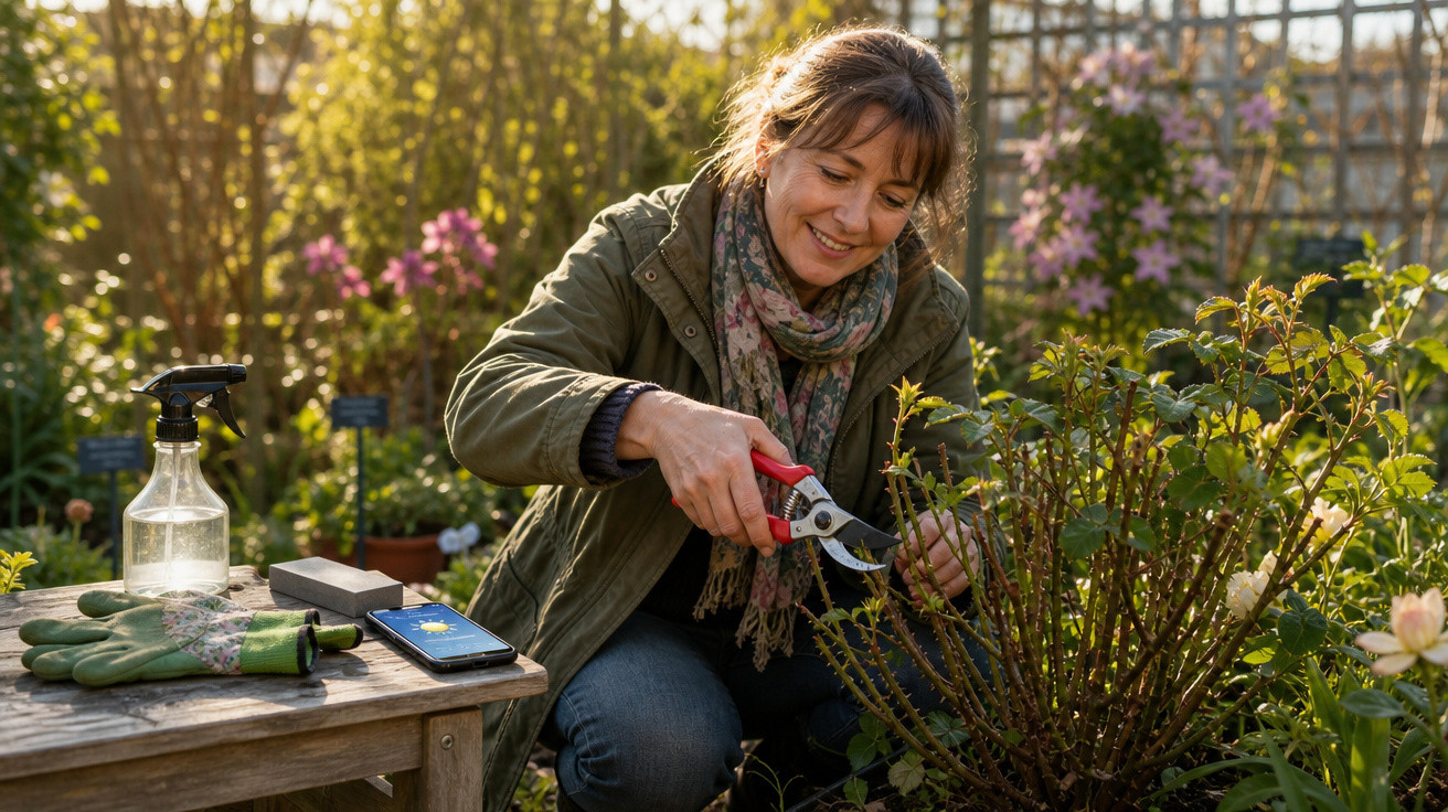 Mulher sorridente podando planta com tesoura de jardinagem em jardim ao ar livre ensolarado.