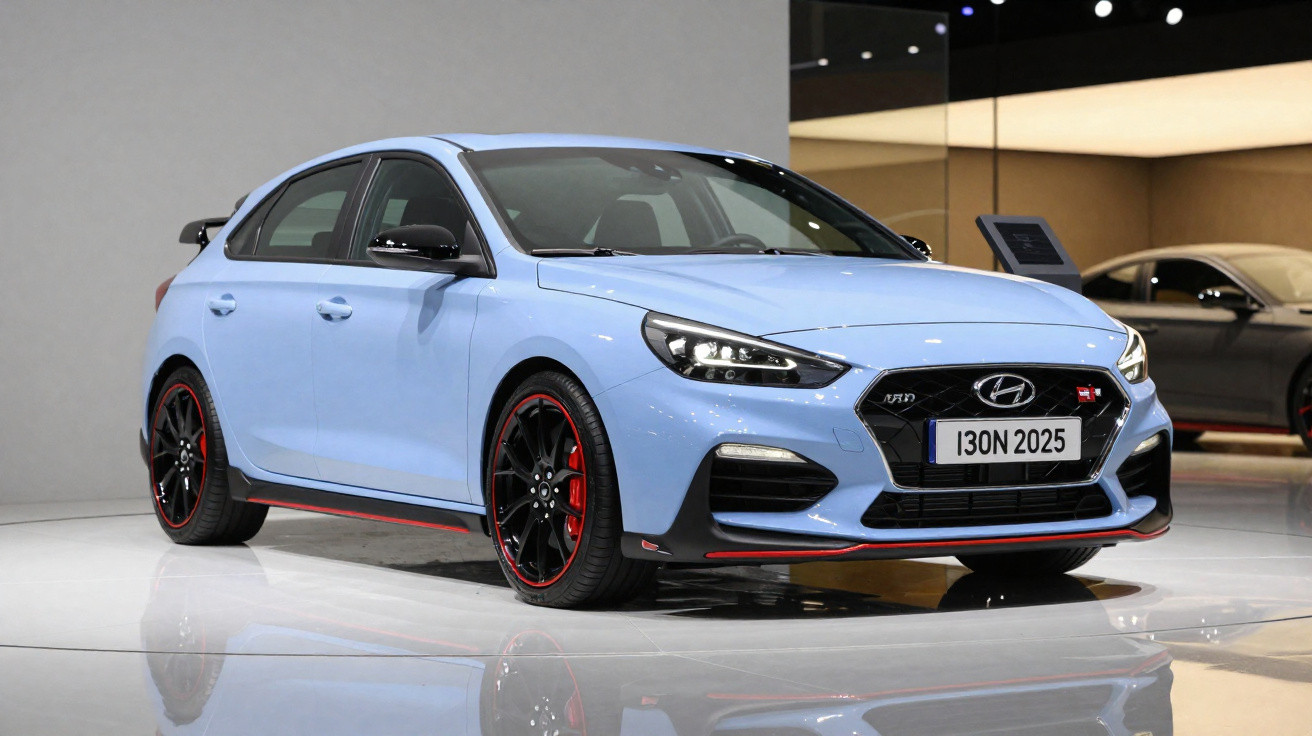 Carro esportivo Hyundai compacto azul claro com detalhes vermelhos em exposição interna.