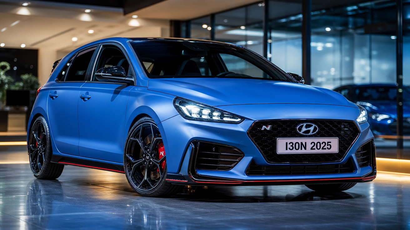 Carro Hyundai i30N 2025 azul fosco em exposição interna com rodas pretas e detalhes vermelhos.