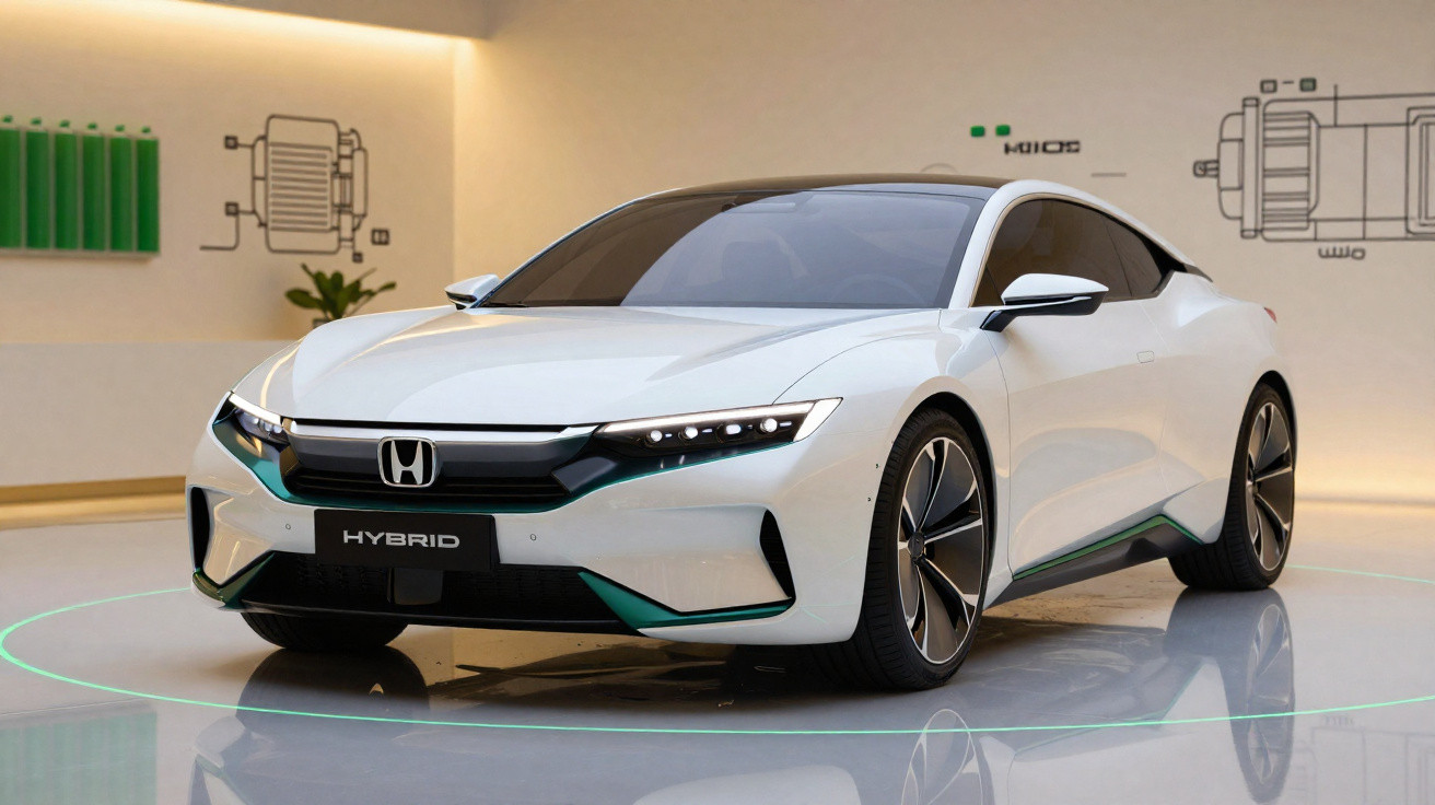 Carro híbrido branco da Honda em exibição em ambiente interno moderno com iluminação suave.