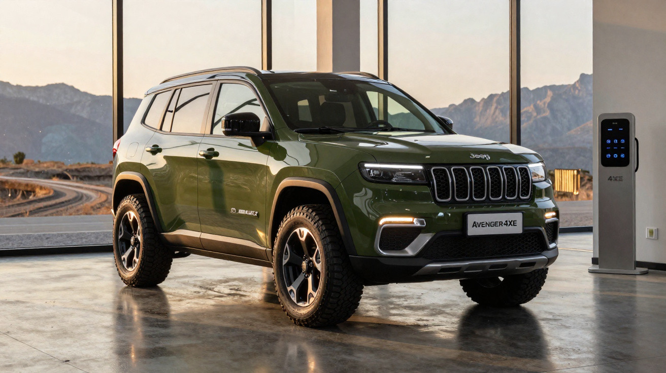 SUV Jeep Avenger 4XE verde, elétrica, estacionado em ambiente interno com janelas grandes e vista de montanhas.