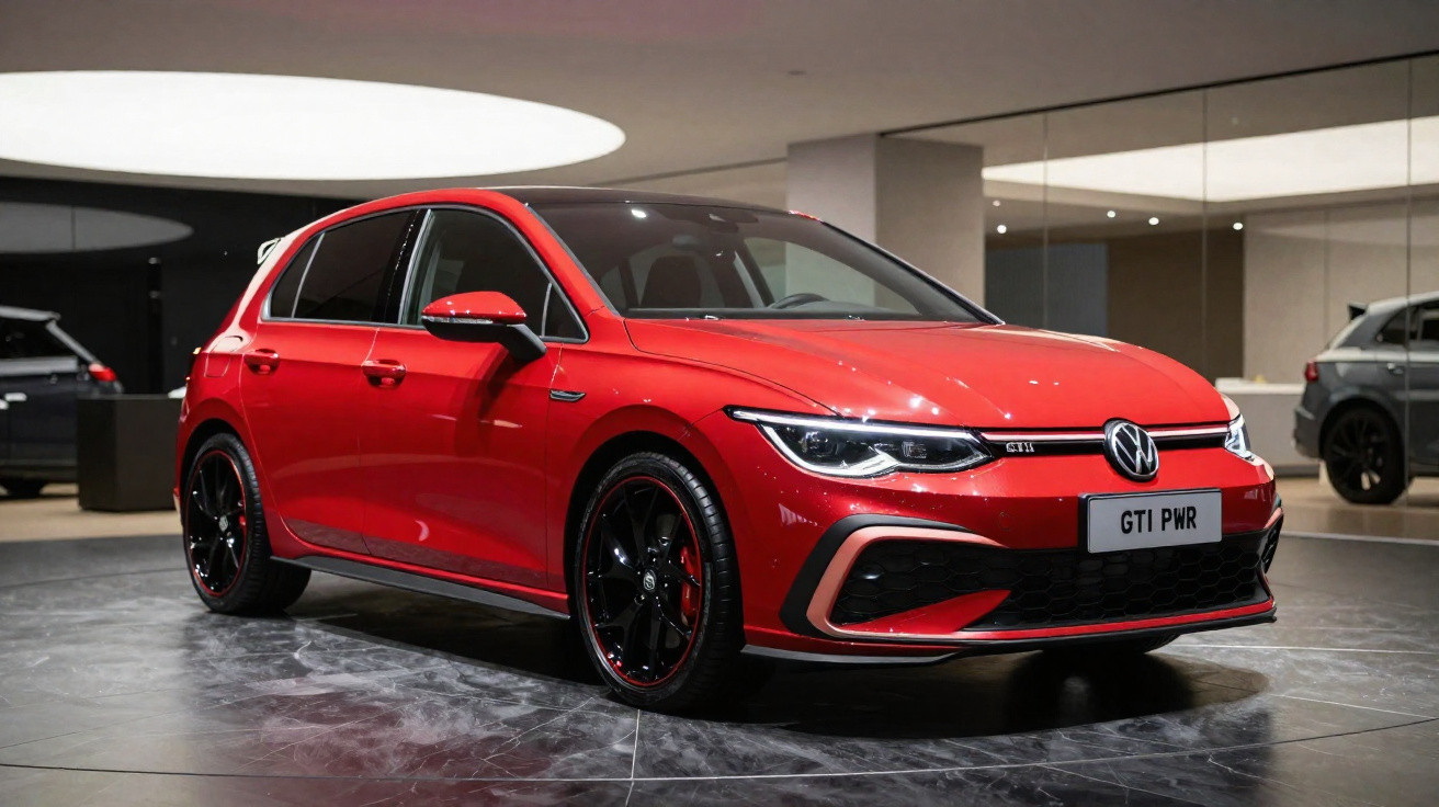 Volkswagen Golf GTI vermelho em exposição, com rodas pretas e detalhes esportivos em ambiente iluminado.