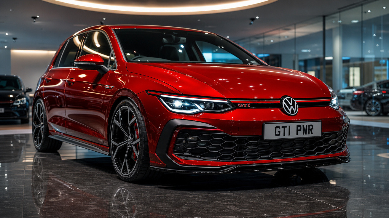 Volkswagen Golf GTI vermelho em showroom com faróis acesos e rodas esportivas pretas.