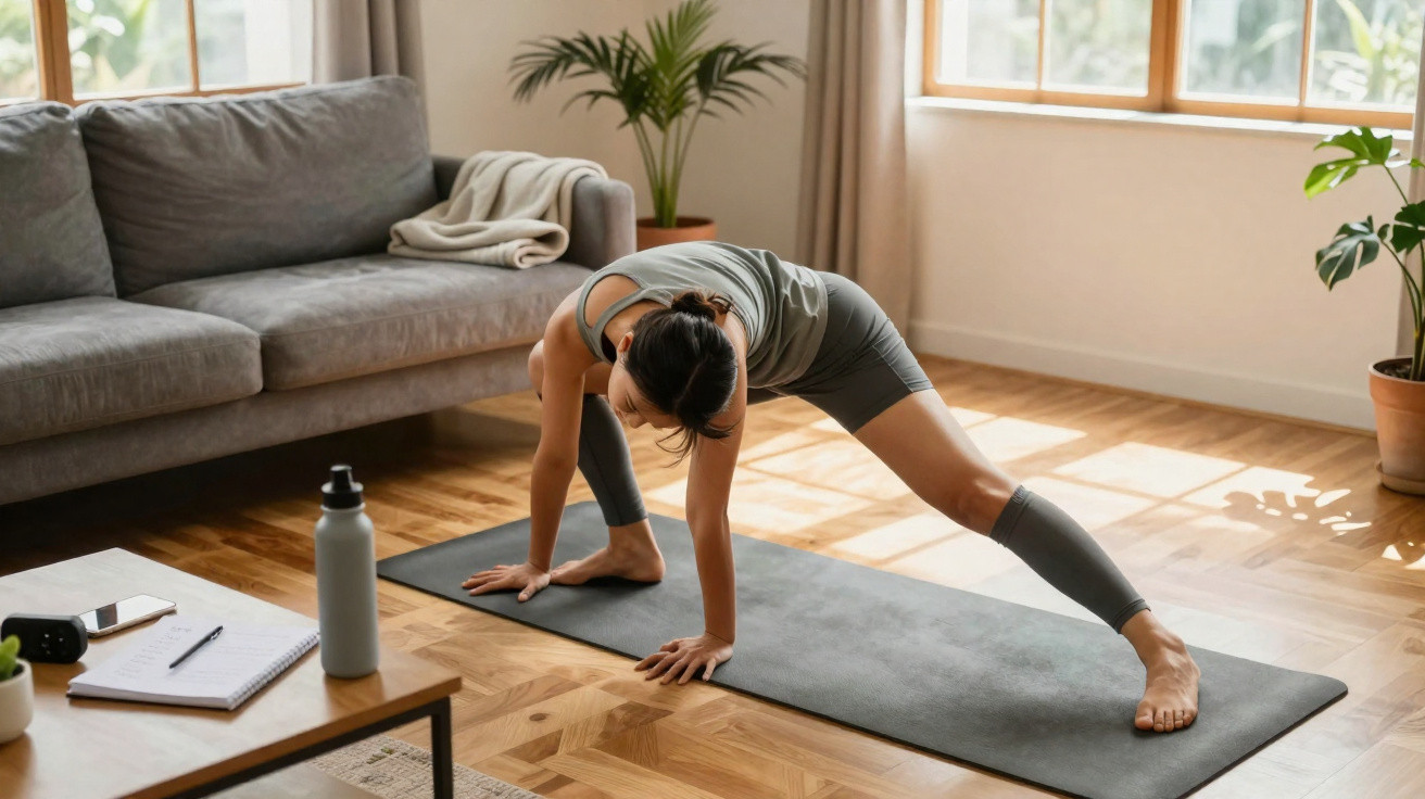 Mulher praticando alongamento em tapete de yoga em sala iluminada com sofá e plantas ao fundo.