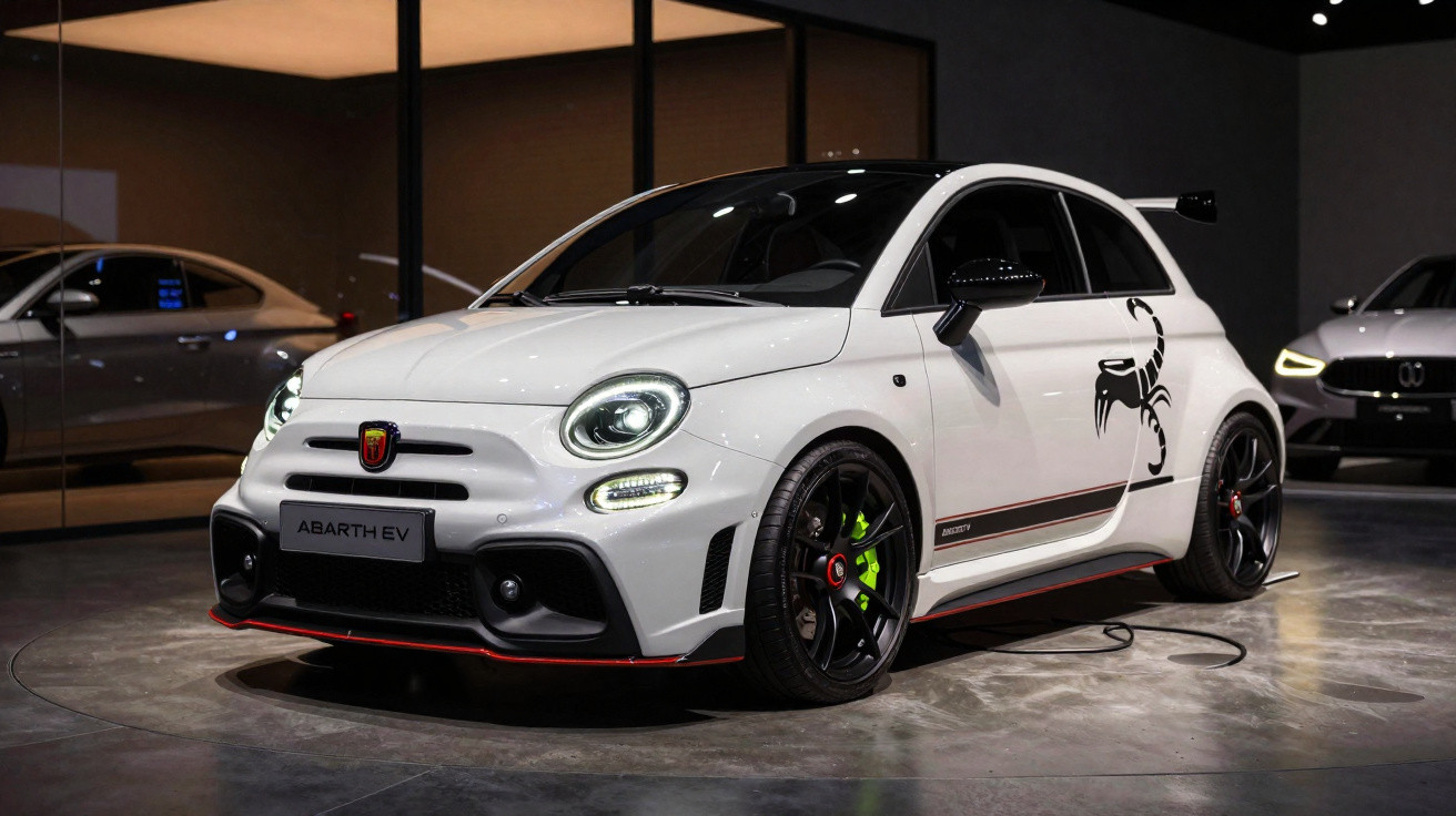 Carro esportivo branco Abarth EV com adesivo de escorpião preto na lateral em exposição interna.