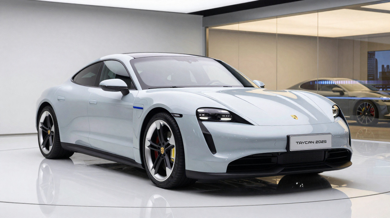 Carro esportivo elétrico Porsche Taycan 2025 cinza em showroom com piso branco e paredes refletivas.