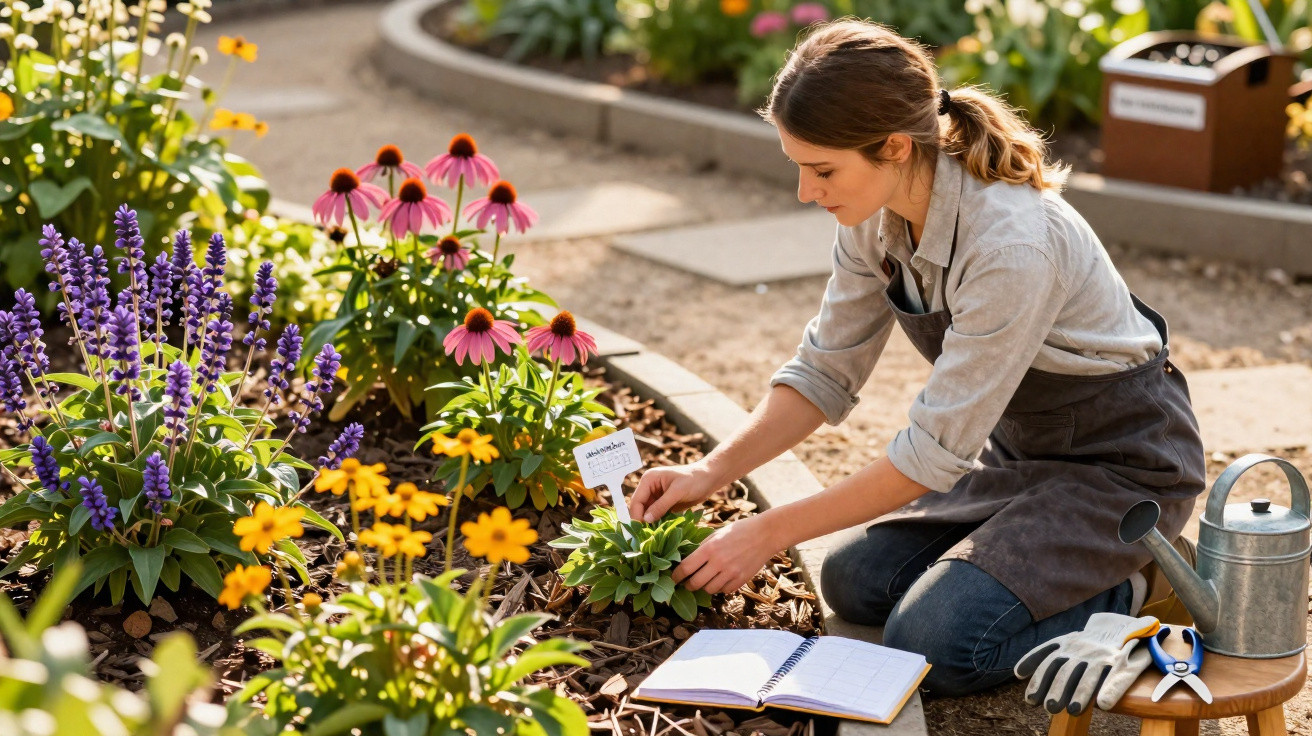 Mulher cuidando de plantas floridas em jardim, com caderno e ferramentas de jardinagem ao lado.
