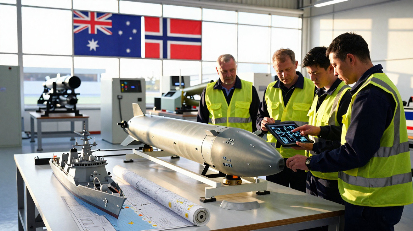 Quatro engenheiros em coletes analisando maquete de submarino e navio militar em oficina com bandeiras ao fundo.
