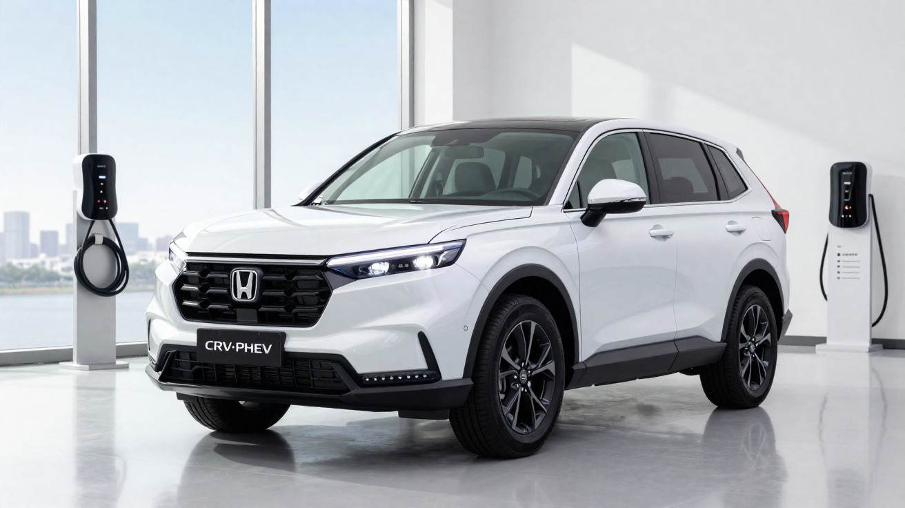 SUV branco Honda CRV-PHEV estacionado em ambiente interno com duas estações de carregamento elétrico ao fundo.