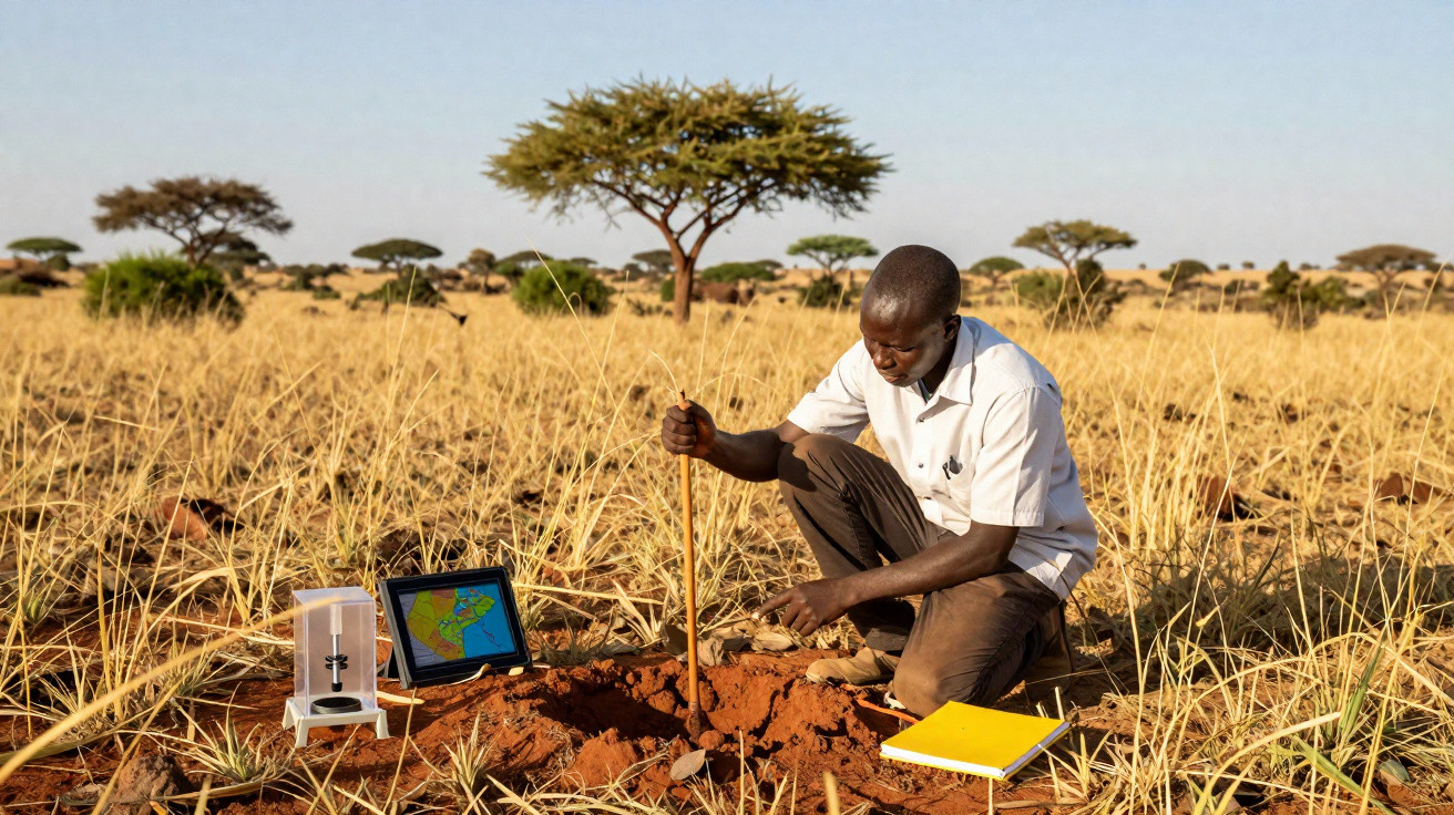 Homem africano analisa solo em campo seco com tablet, caderno e instrumento para coleta de dados ambientais.