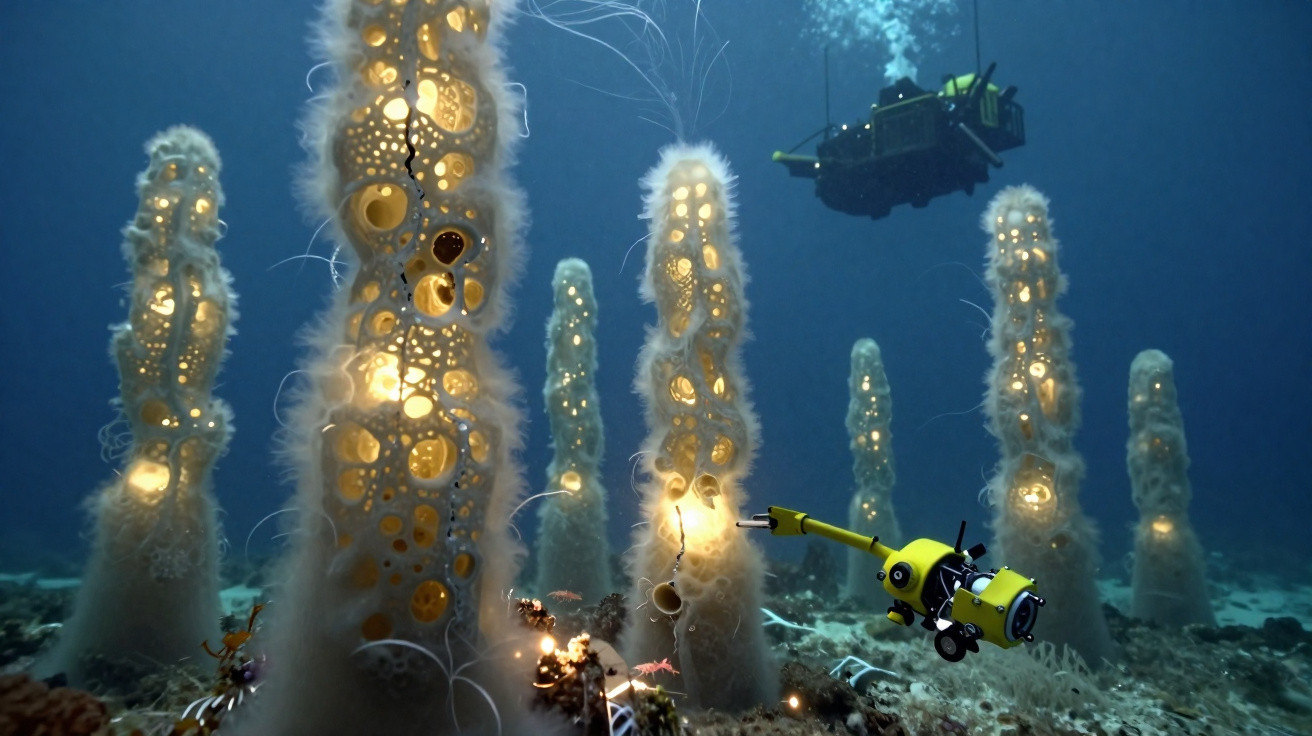 Veículo subaquático robótico inspecionando formações tubulares iluminadas no fundo do mar azul.