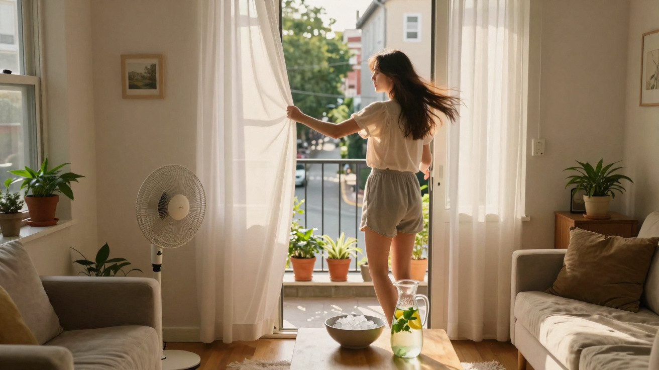 Mulher abre cortina em sala iluminada, com plantas e ventilador, olhando para varanda ensolarada.