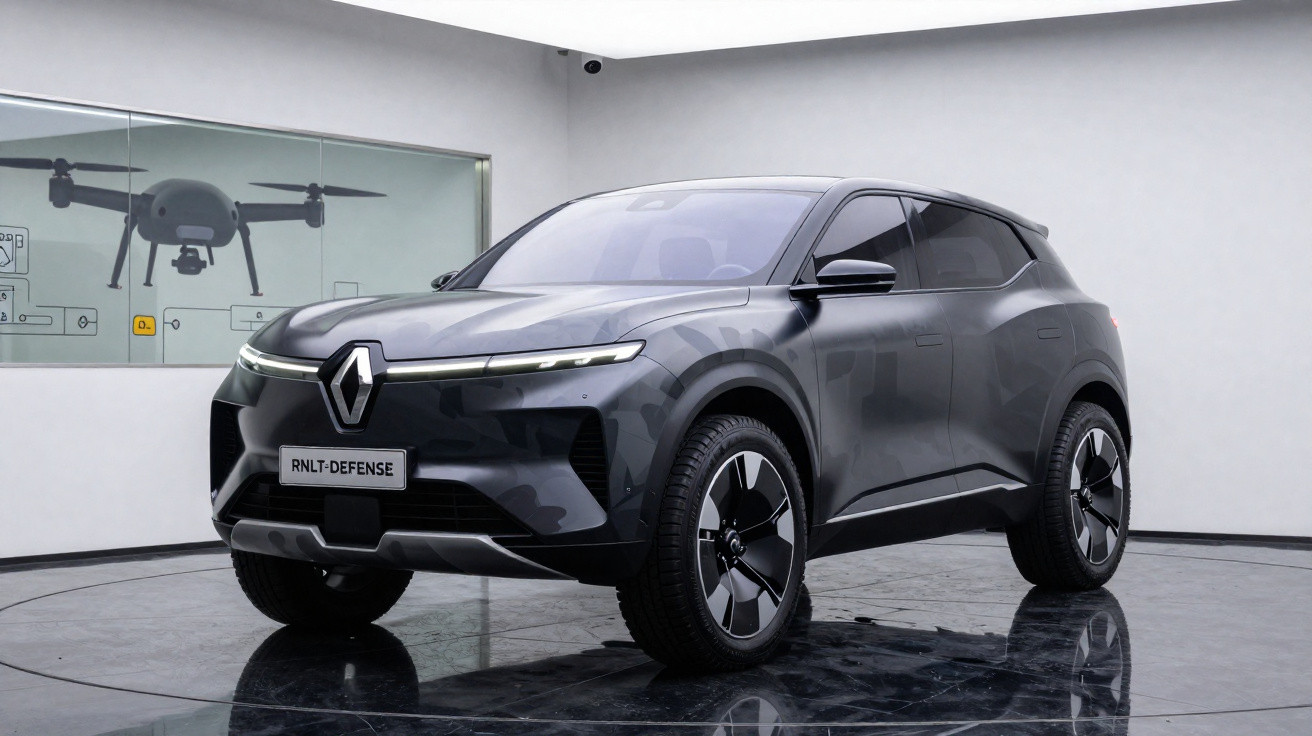 SUV elétrico Renault RNLT-Defense cinza escuro em ambiente interno com janela mostrando drone preto.