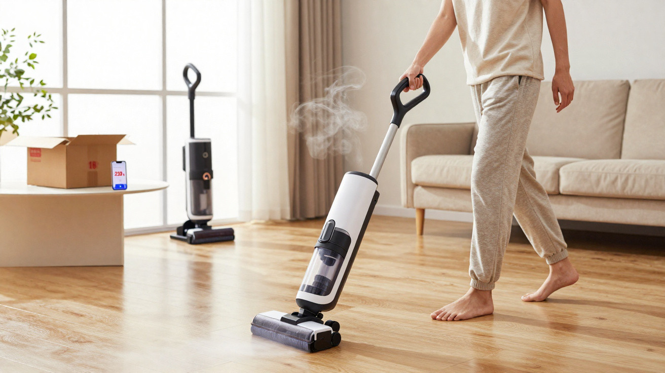 Pessoa usando aspirador de pó a vapor em piso de madeira em sala de estar clara e arejada.