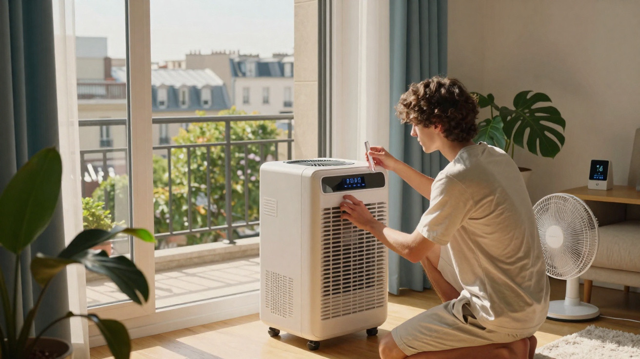 Jovem ajusta ar-condicionado portátil em sala iluminada com varanda aberta e plantas ao redor.